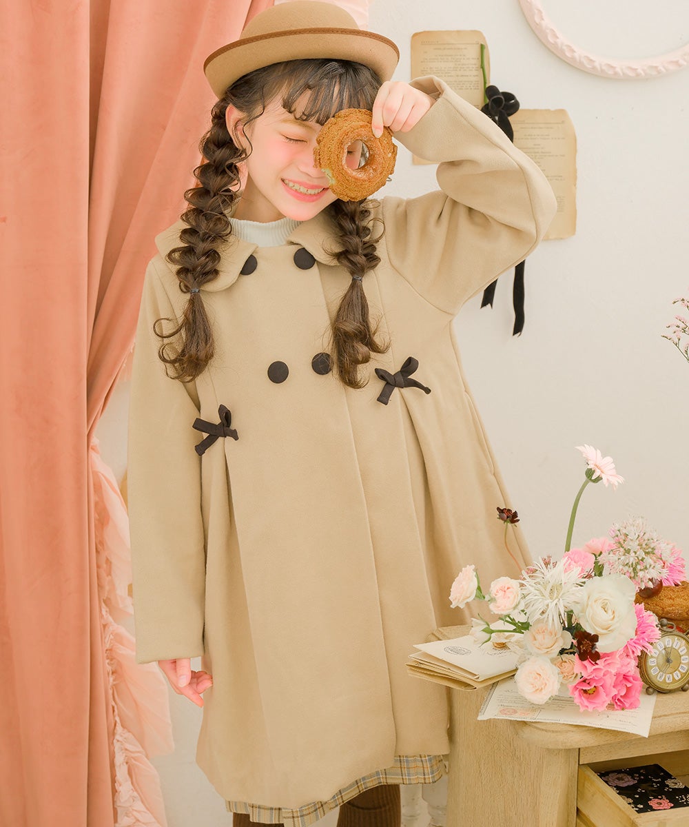 リボン 襟つき ダブルボタン 微起毛コート Beige model image whole body