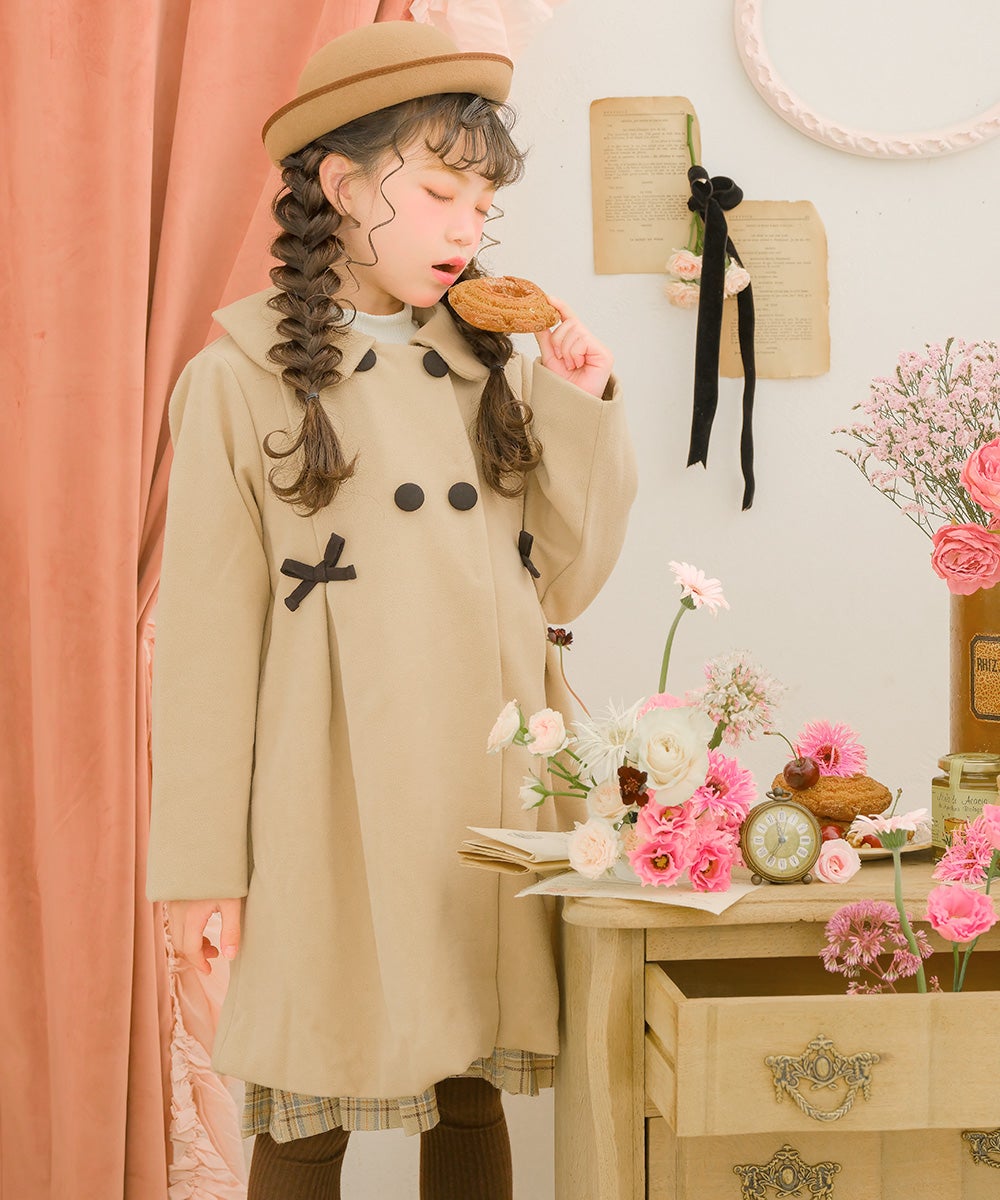 リボン 襟つき ダブルボタン 微起毛コート Beige model image 2