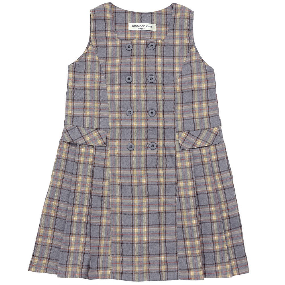 チェック柄 ダブルボタン タックワンピース Gray front