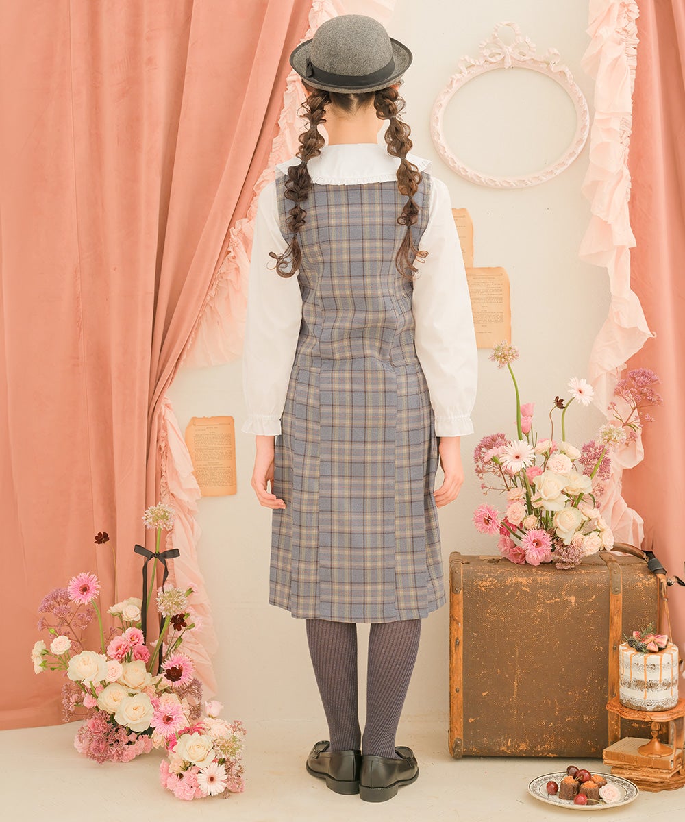 チェック柄 ダブルボタン タックワンピース Gray model image 3
