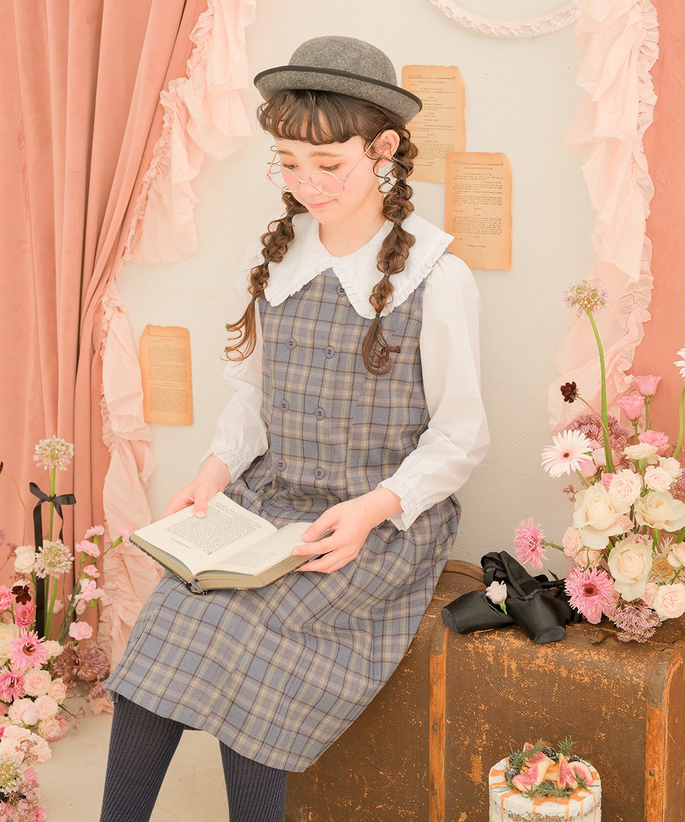 チェック柄 ダブルボタン タックワンピース Gray model image 4