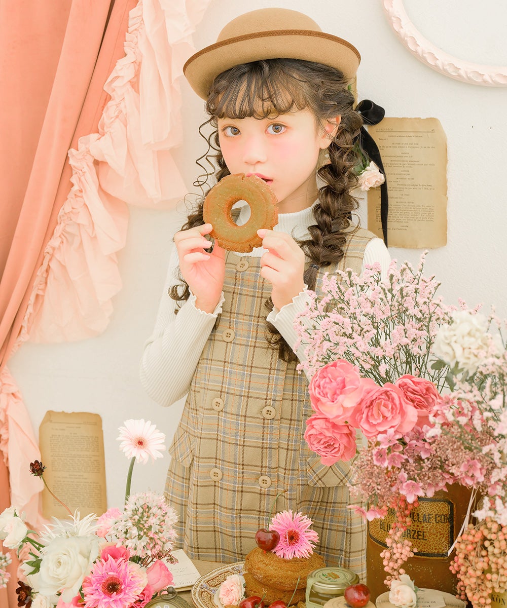 チェック柄 ダブルボタン タックワンピース Beige model image up