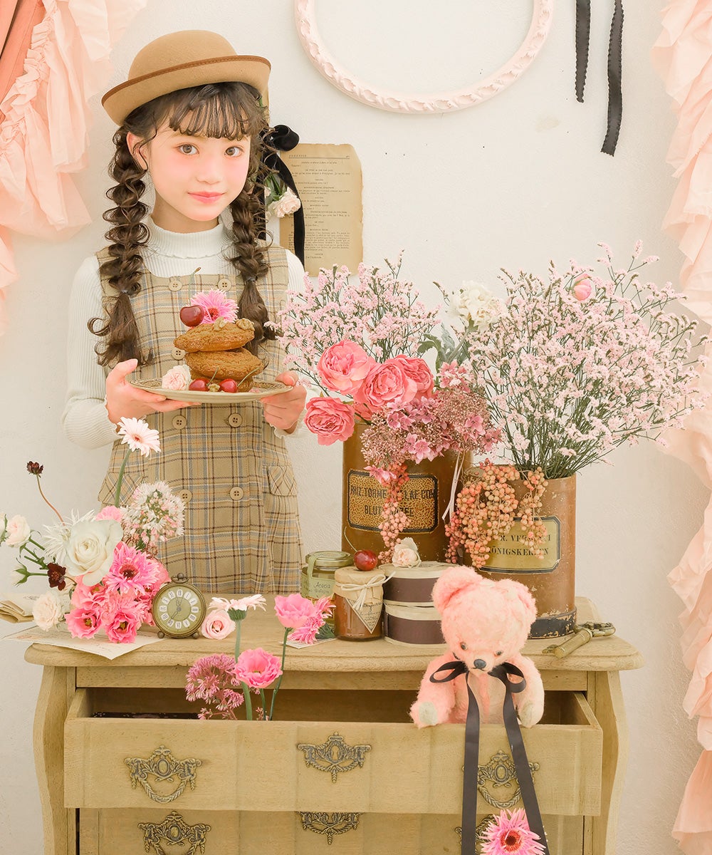 チェック柄 ダブルボタン タックワンピース Beige model image 1