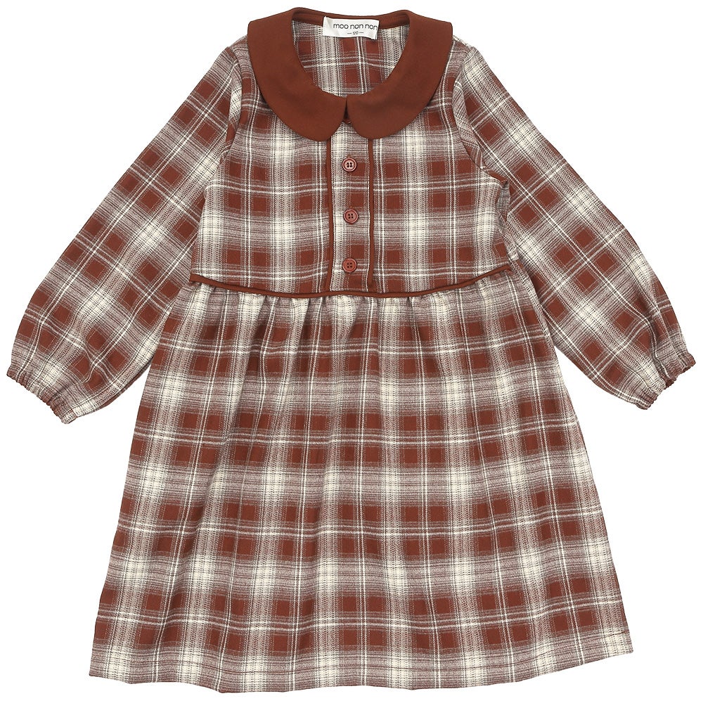 チェック柄 襟付き ボタン開き ギャザーワンピース Deep Red front