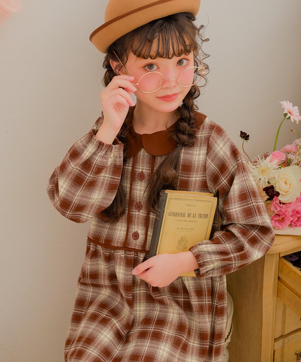 チェック柄 襟付き ボタン開き ギャザーワンピース Deep Red model image 1