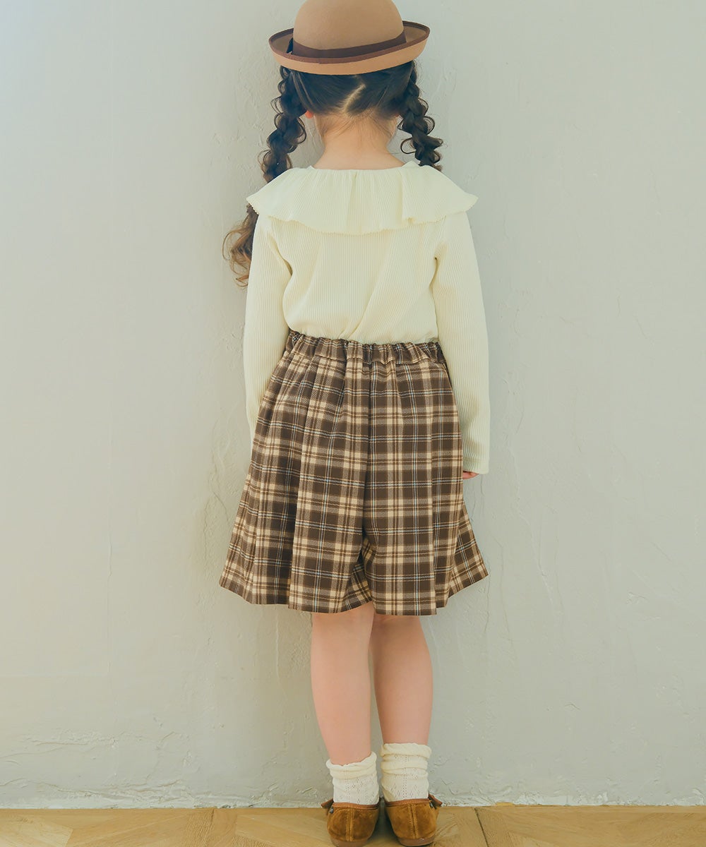 オリジナルロゴ 刺繍 チェック柄 タックキュロットパンツ Brown model image whole body