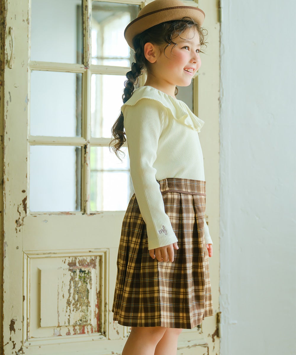 オリジナルロゴ 刺繍 チェック柄 タックキュロットパンツ Brown model image 1