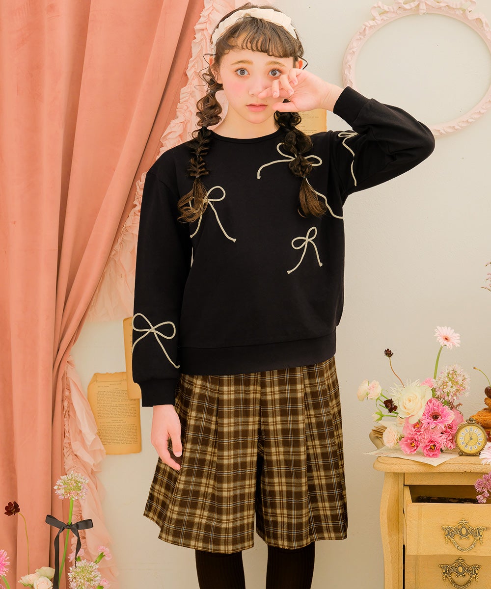 オリジナルロゴ 刺繍 チェック柄 タックキュロットパンツ Brown model image 3
