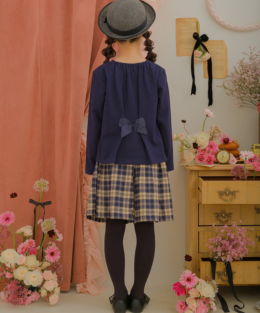 オリジナルロゴ 刺繍 チェック柄 タックキュロットパンツ Navy model image 1