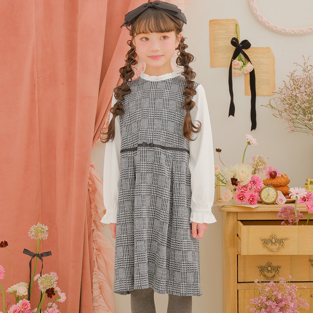 チェック柄 ブラウス 重ね着風 リボン付き ワンピース  MainImage