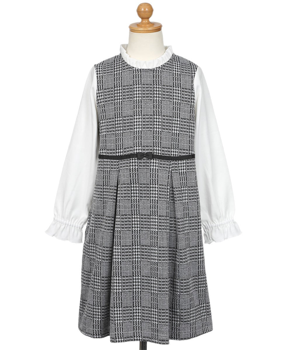 チェック柄 ブラウス 重ね着風 リボン付き ワンピース White/Black torso