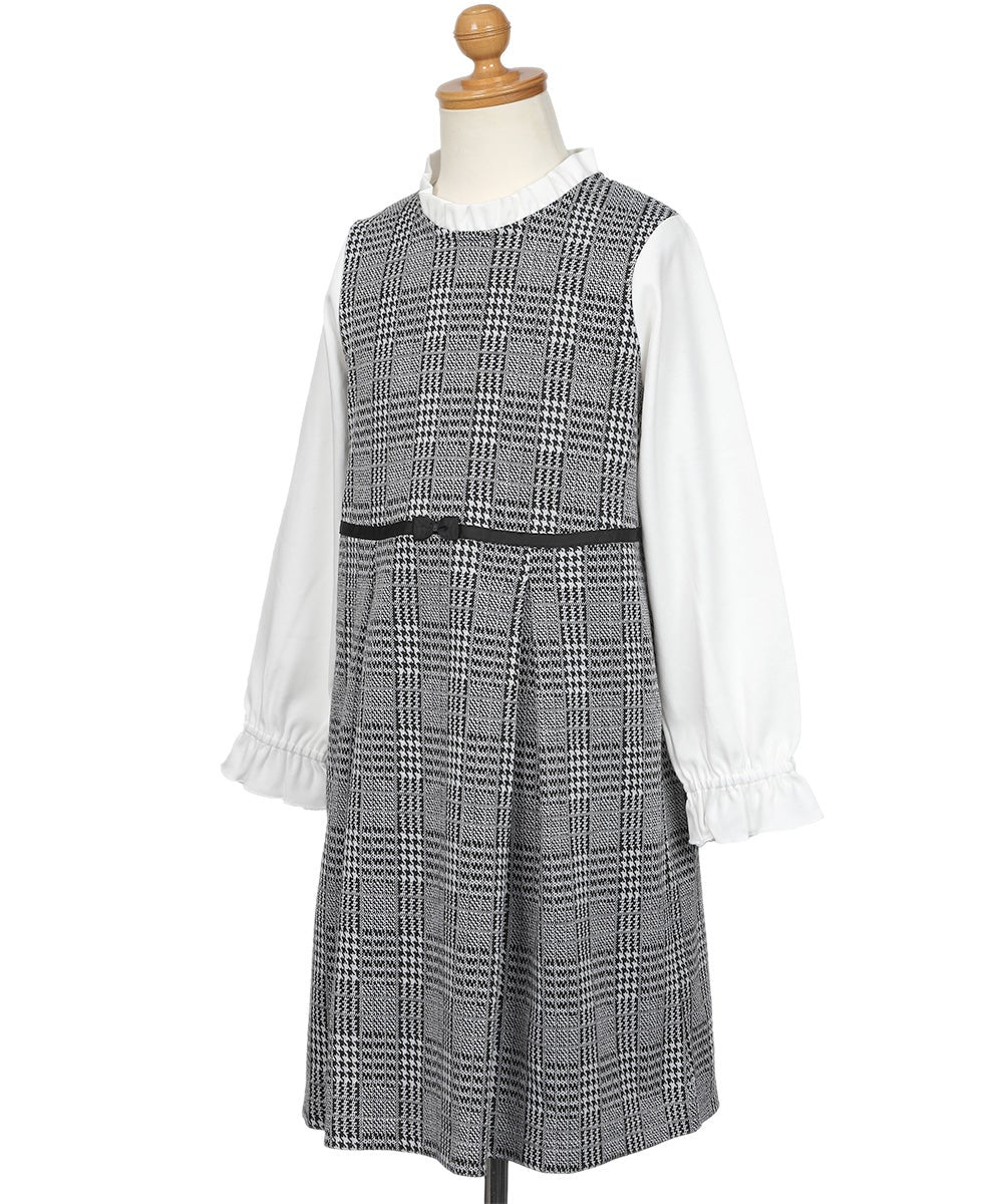 チェック柄 ブラウス 重ね着風 リボン付き ワンピース White/Black torso