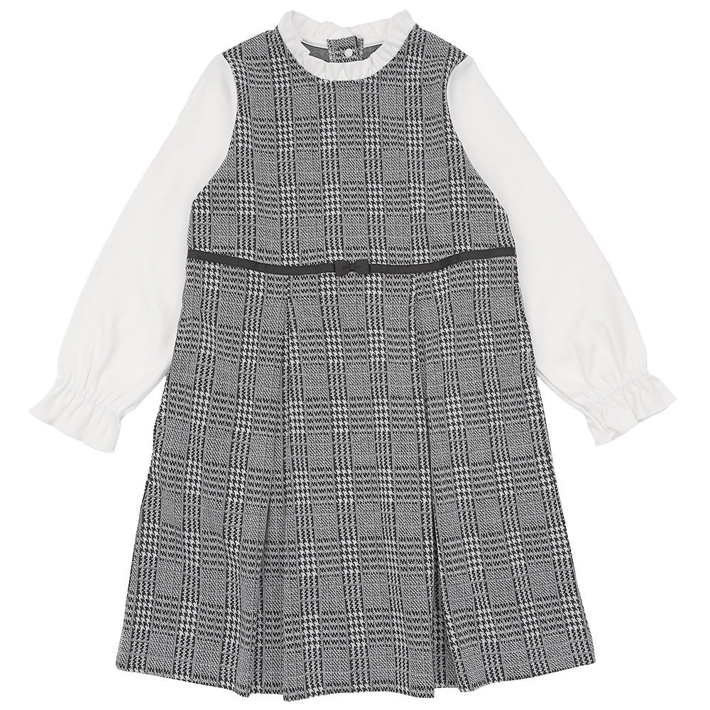 チェック柄 ブラウス 重ね着風 リボン付き ワンピース White/Black front
