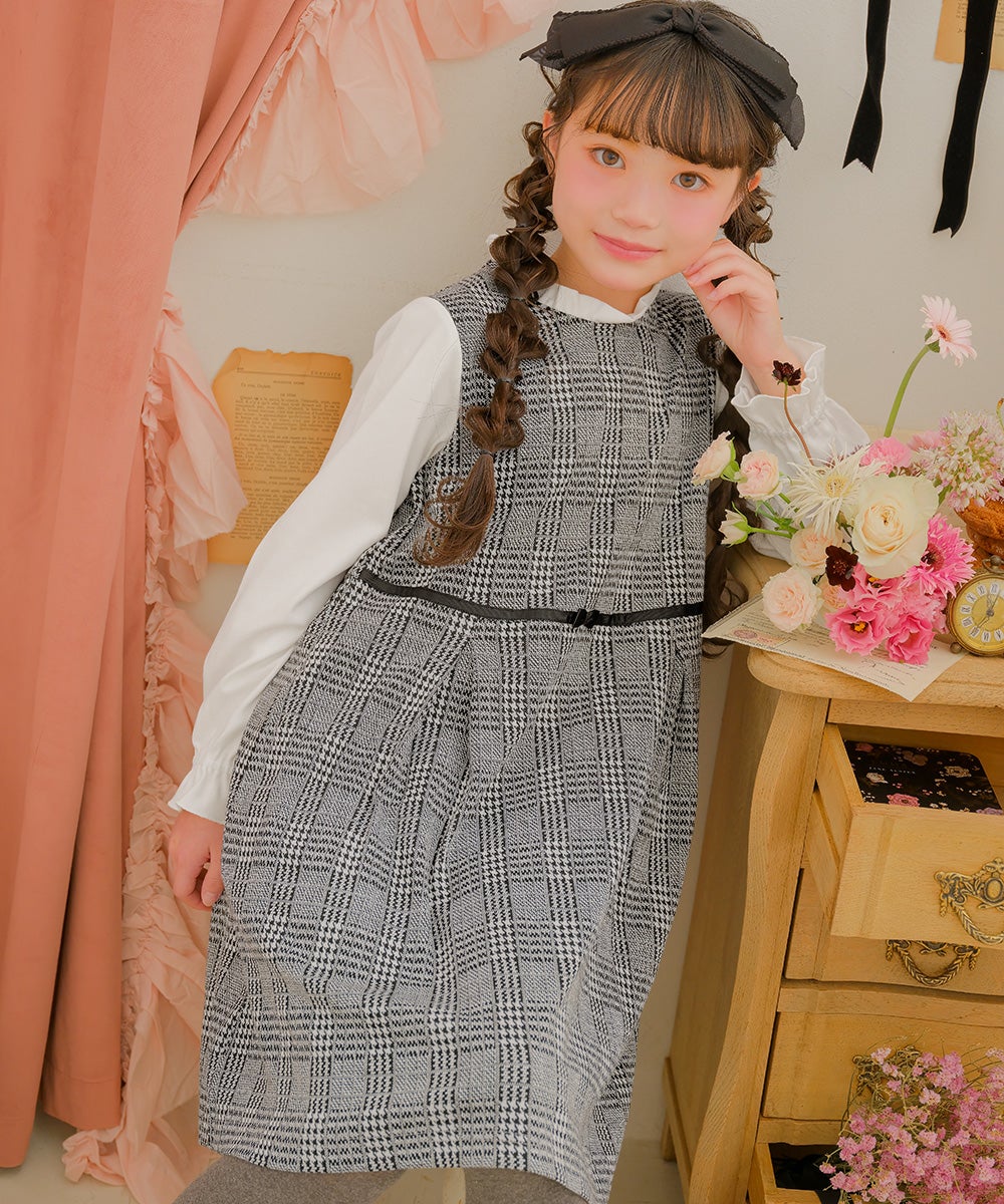チェック柄 ブラウス 重ね着風 リボン付き ワンピース White/Black model image up