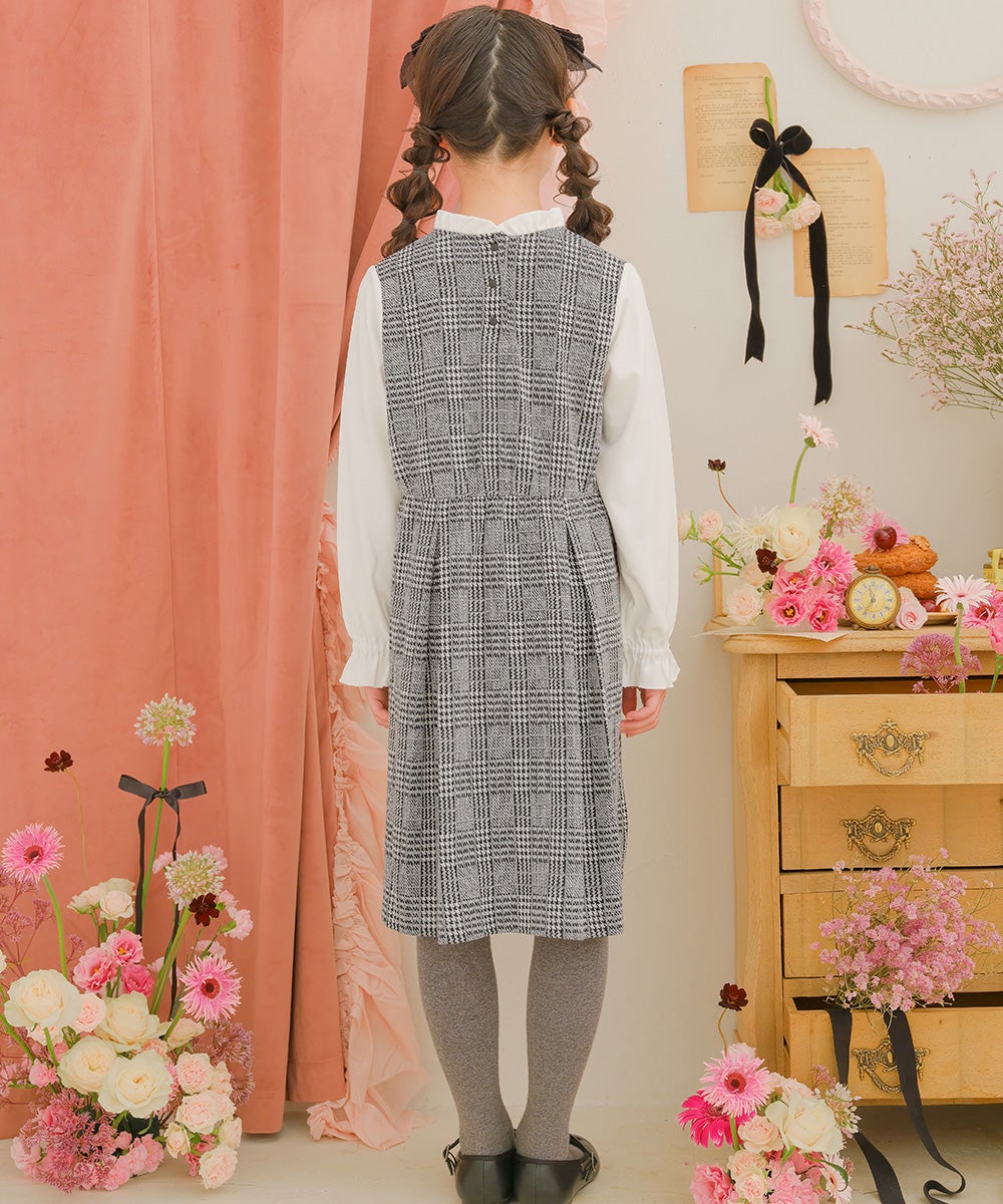 チェック柄 ブラウス 重ね着風 リボン付き ワンピース White/Black model image whole body