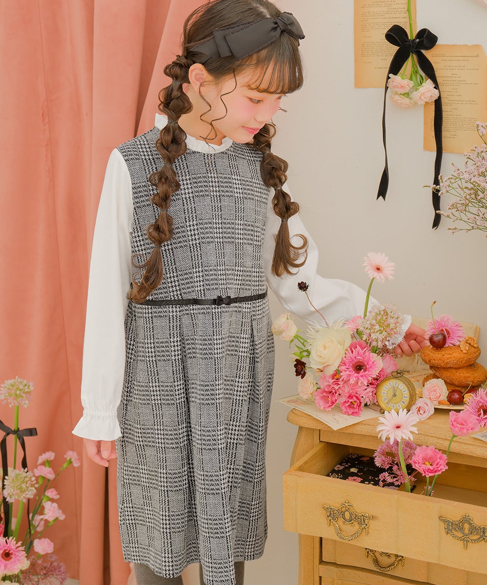 チェック柄 ブラウス 重ね着風 リボン付き ワンピース White/Black model image 1