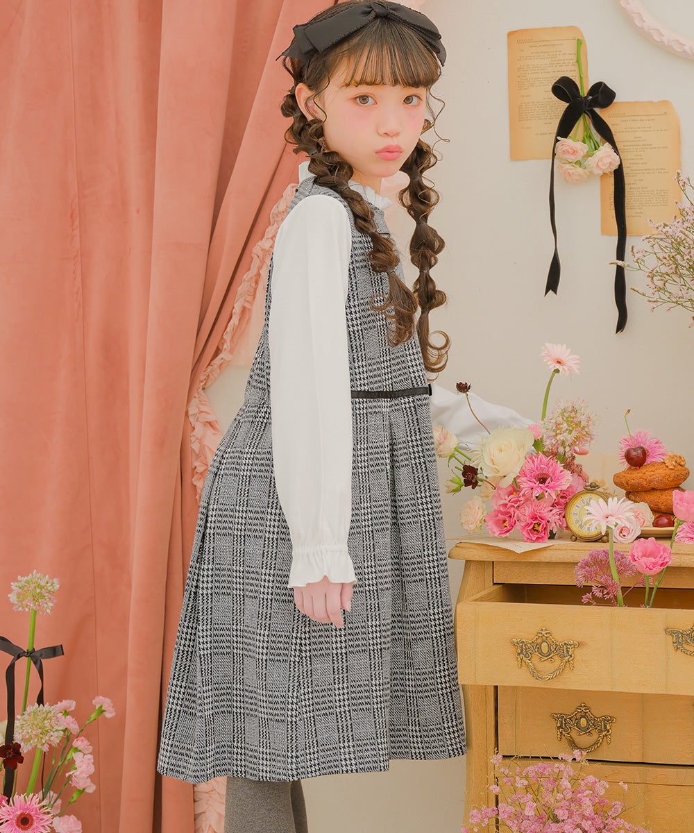 チェック柄 ブラウス 重ね着風 リボン付き ワンピース White/Black model image 3
