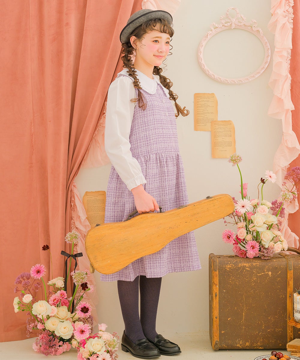 パール調ボタン付き ツイードワンピース Purple model image whole body