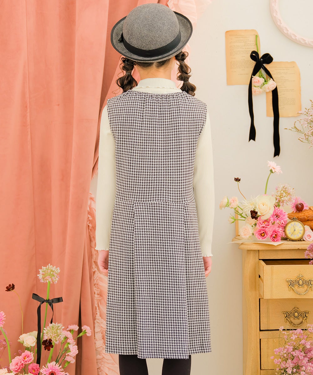 千鳥柄 リボンつき タックワンピース White/Black model image 3