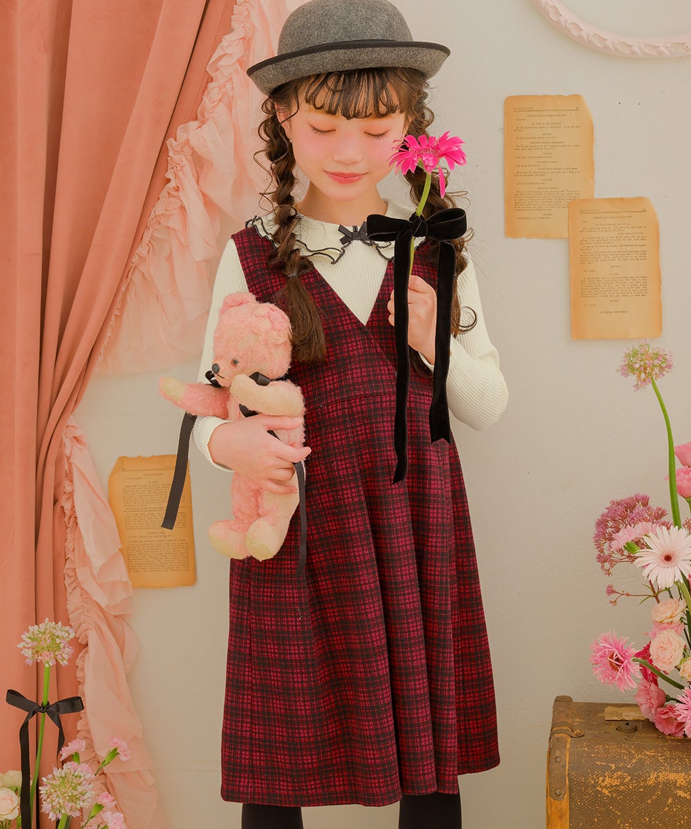 チェック柄 カシュクール ギャザーワンピース Red model image up