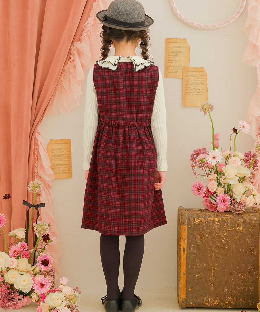 チェック柄 カシュクール ギャザーワンピース Red model image whole body