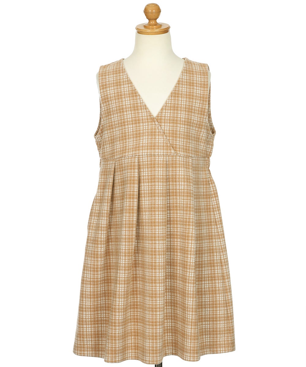 チェック柄 カシュクール ギャザーワンピース Beige torso