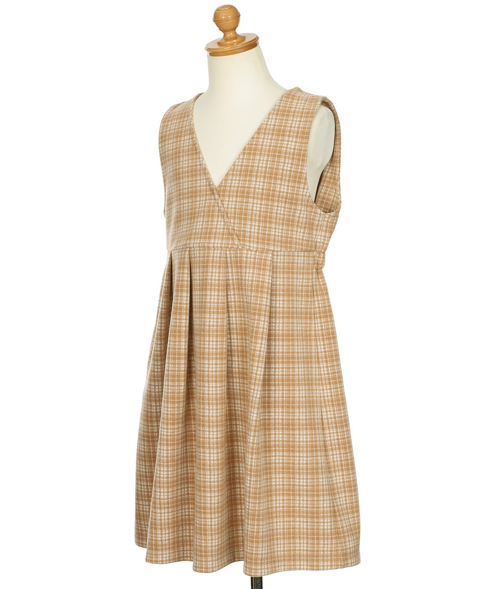 チェック柄 カシュクール ギャザーワンピース Beige torso