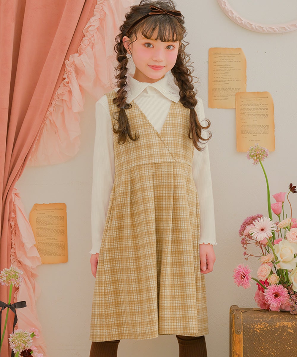 チェック柄 カシュクール ギャザーワンピース Beige model image up
