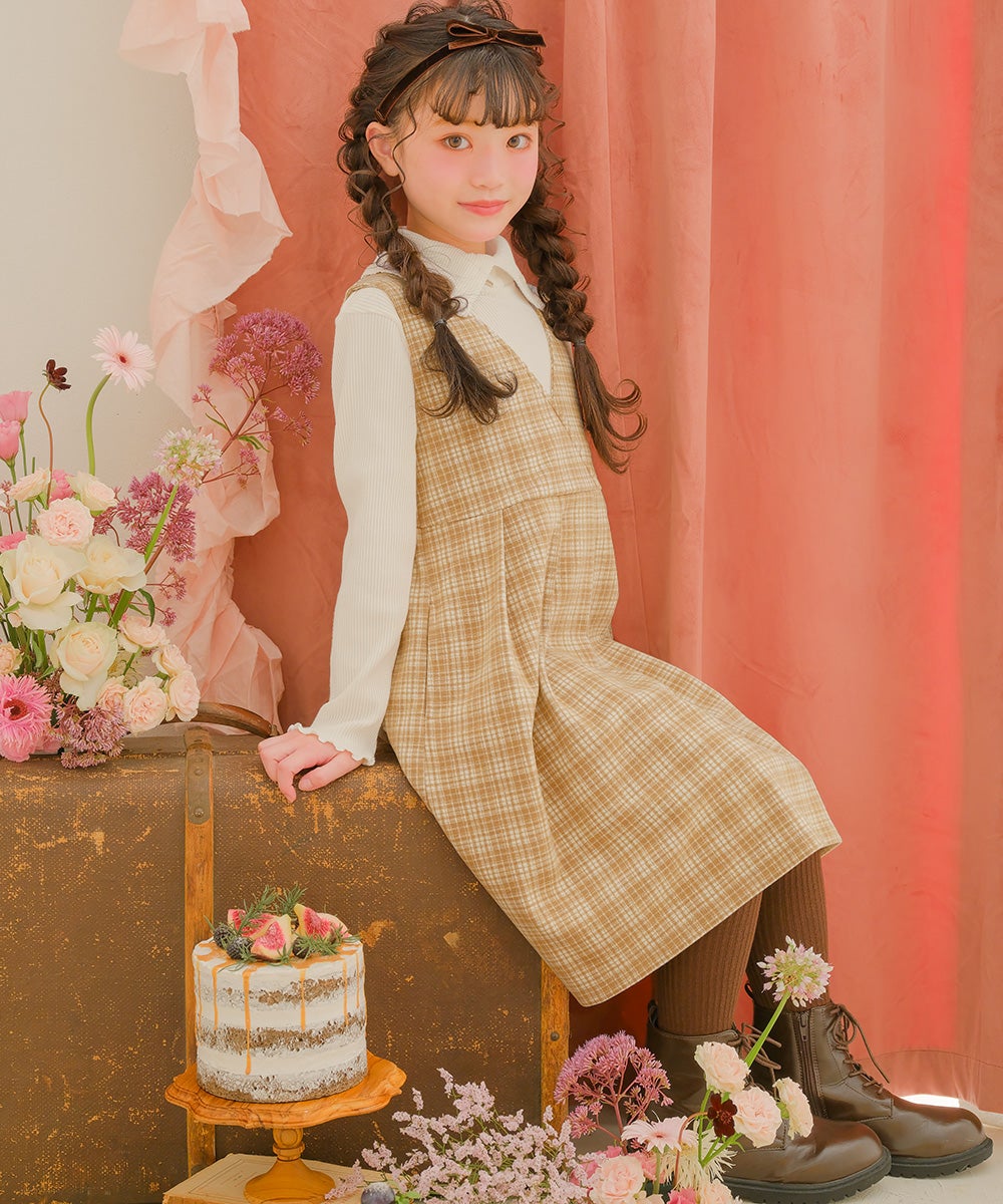 チェック柄 カシュクール ギャザーワンピース Beige model image 2