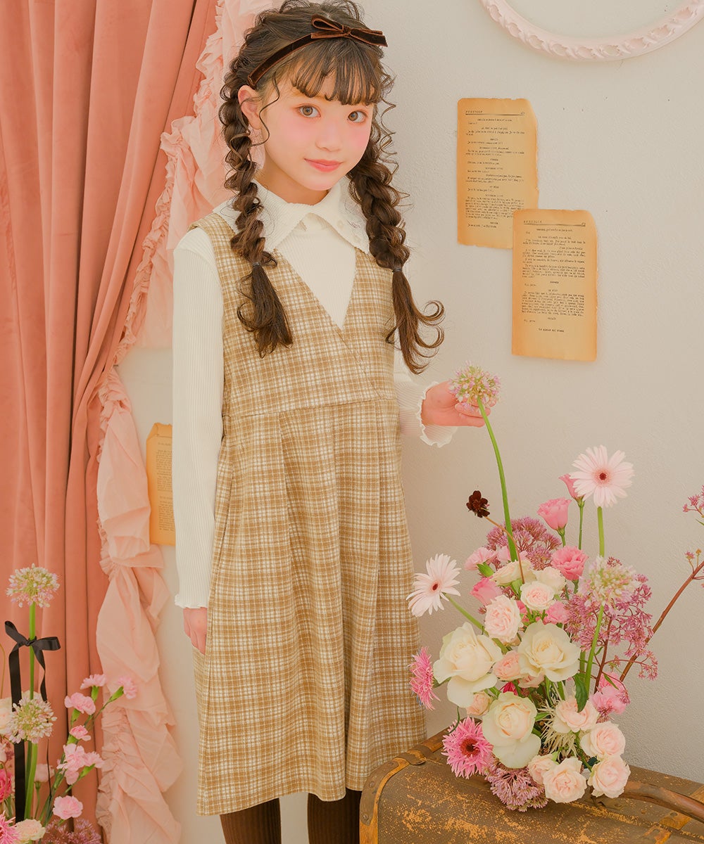 チェック柄 カシュクール ギャザーワンピース Beige model image 3