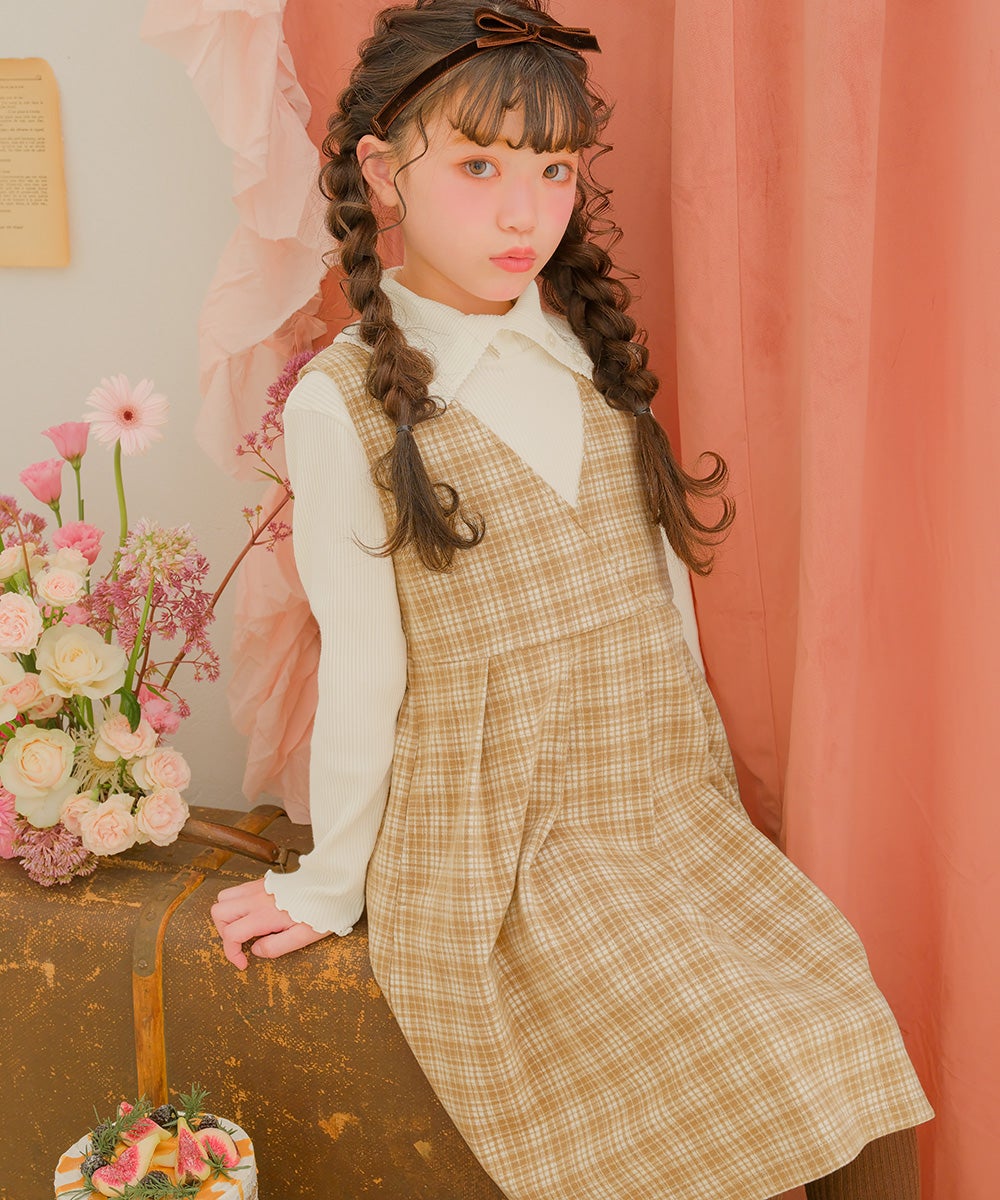 チェック柄 カシュクール ギャザーワンピース Beige model image 4