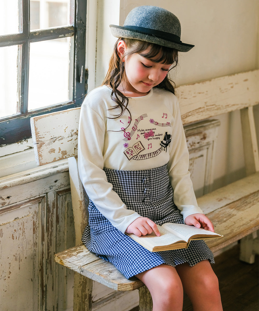 ピアノ 音符 刺繍 リボンつきTシャツ