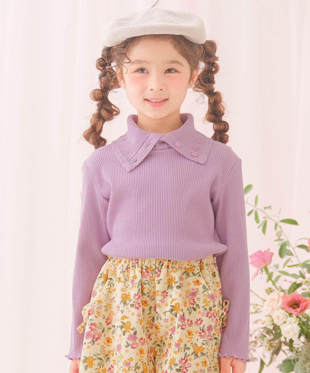 音符刺繍 ボタン襟付き 3wayリブカットソー