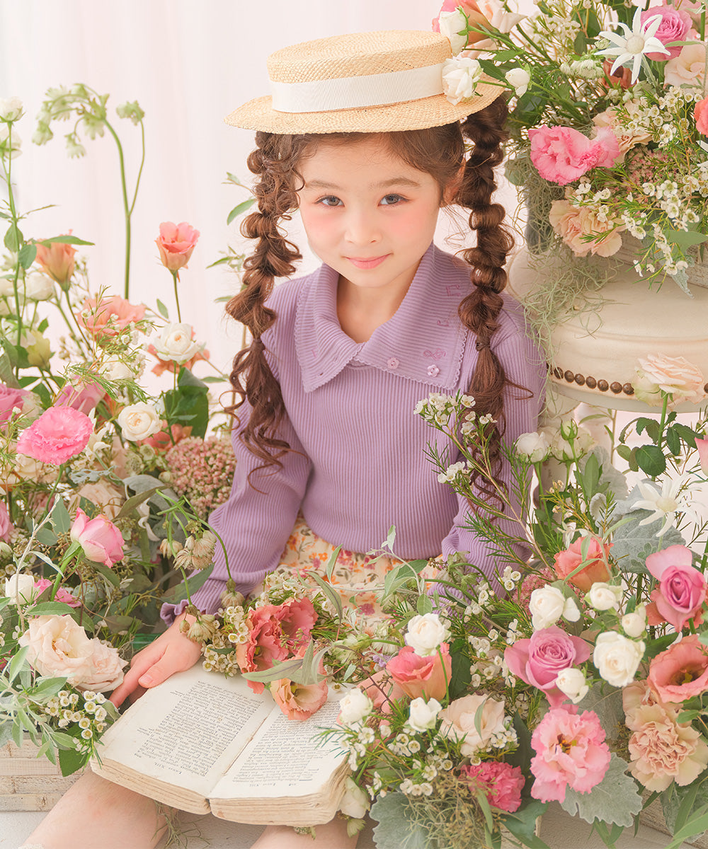 音符刺繍 ボタン襟付き 3wayリブカットソー