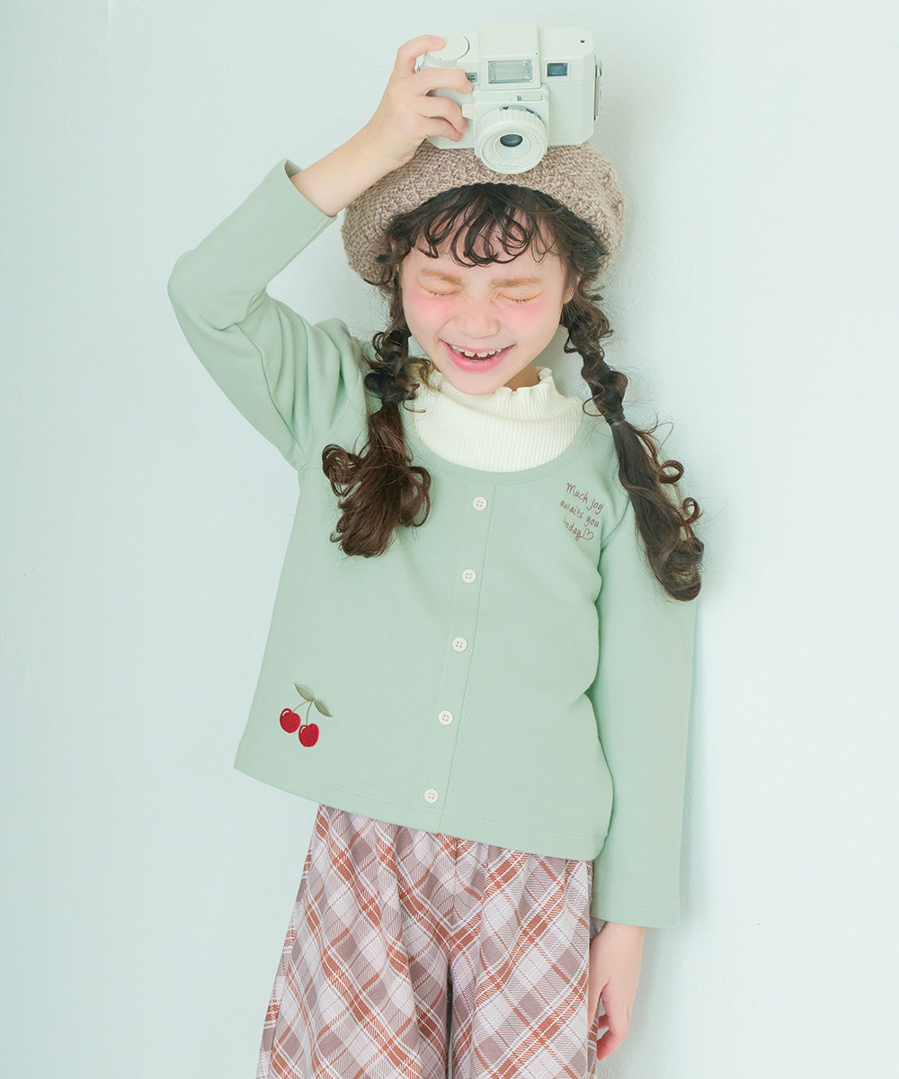 チェリー刺繍 重ね着風 飾りボタン 裏毛トレーナー