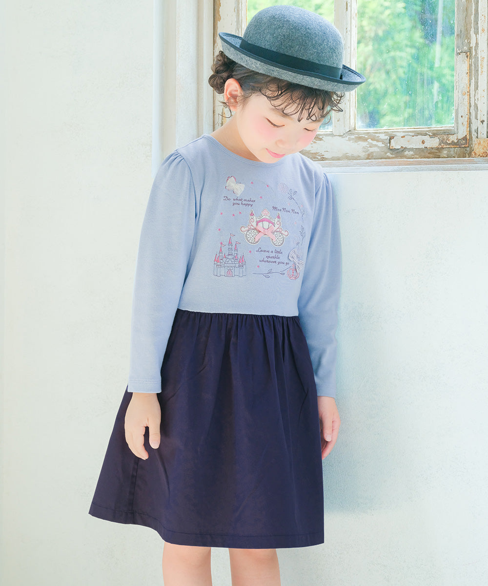 馬車 お城 ロゴ お花 刺繍 リボンつきドッキングワンピース