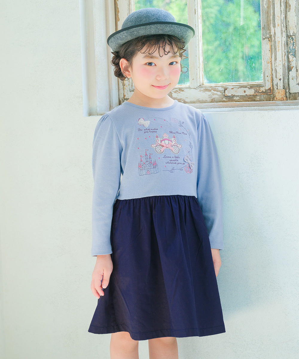 馬車 お城 ロゴ お花 刺繍 リボンつきドッキングワンピース