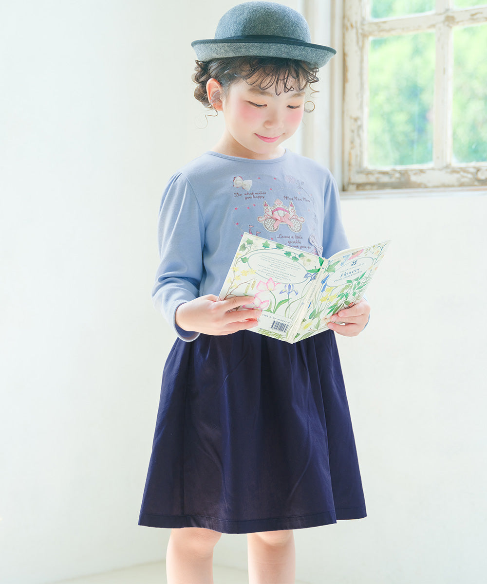 馬車 お城 ロゴ お花 刺繍 リボンつきドッキングワンピース