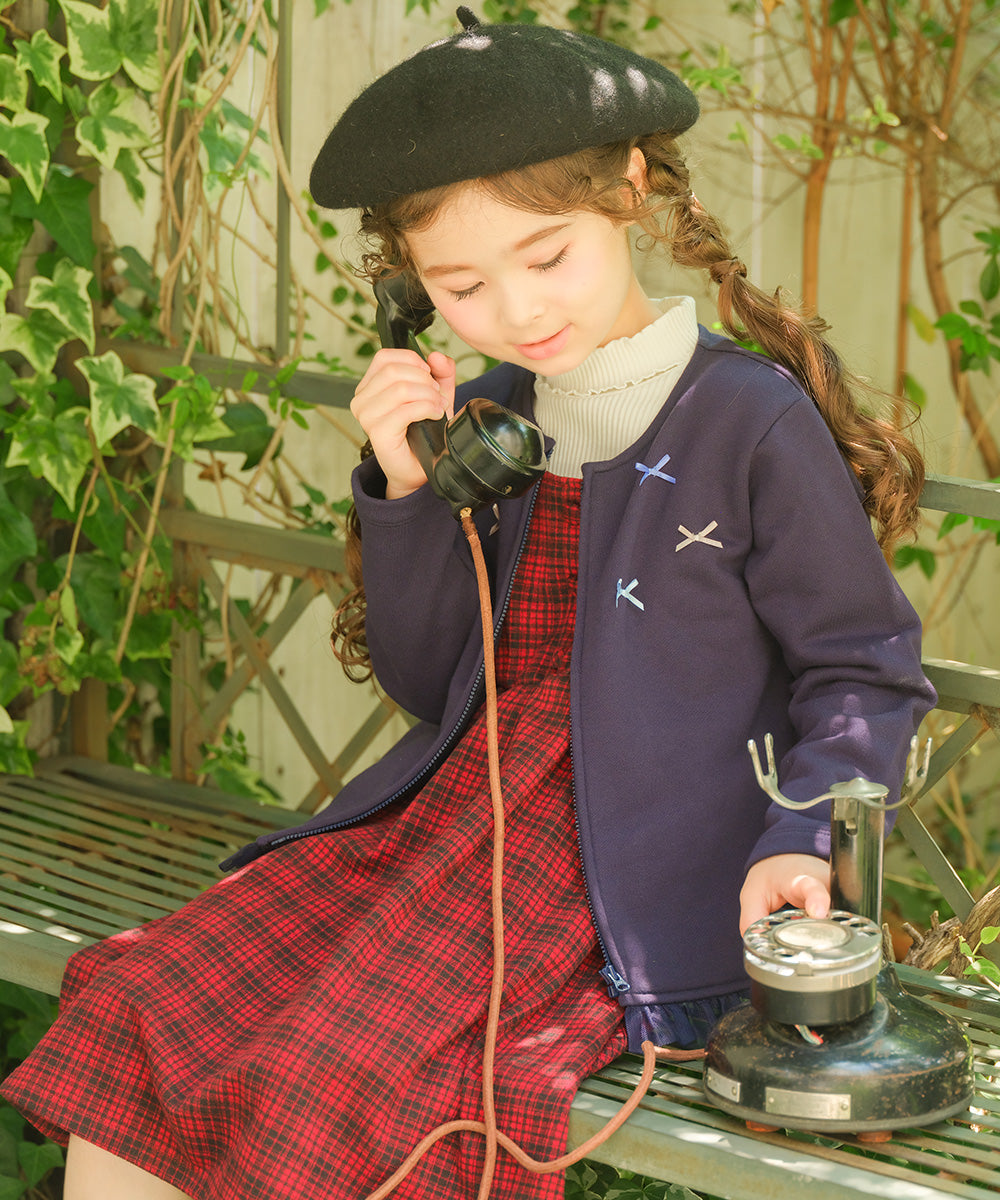 リボンつき チュールフリル 裏毛カーディガン