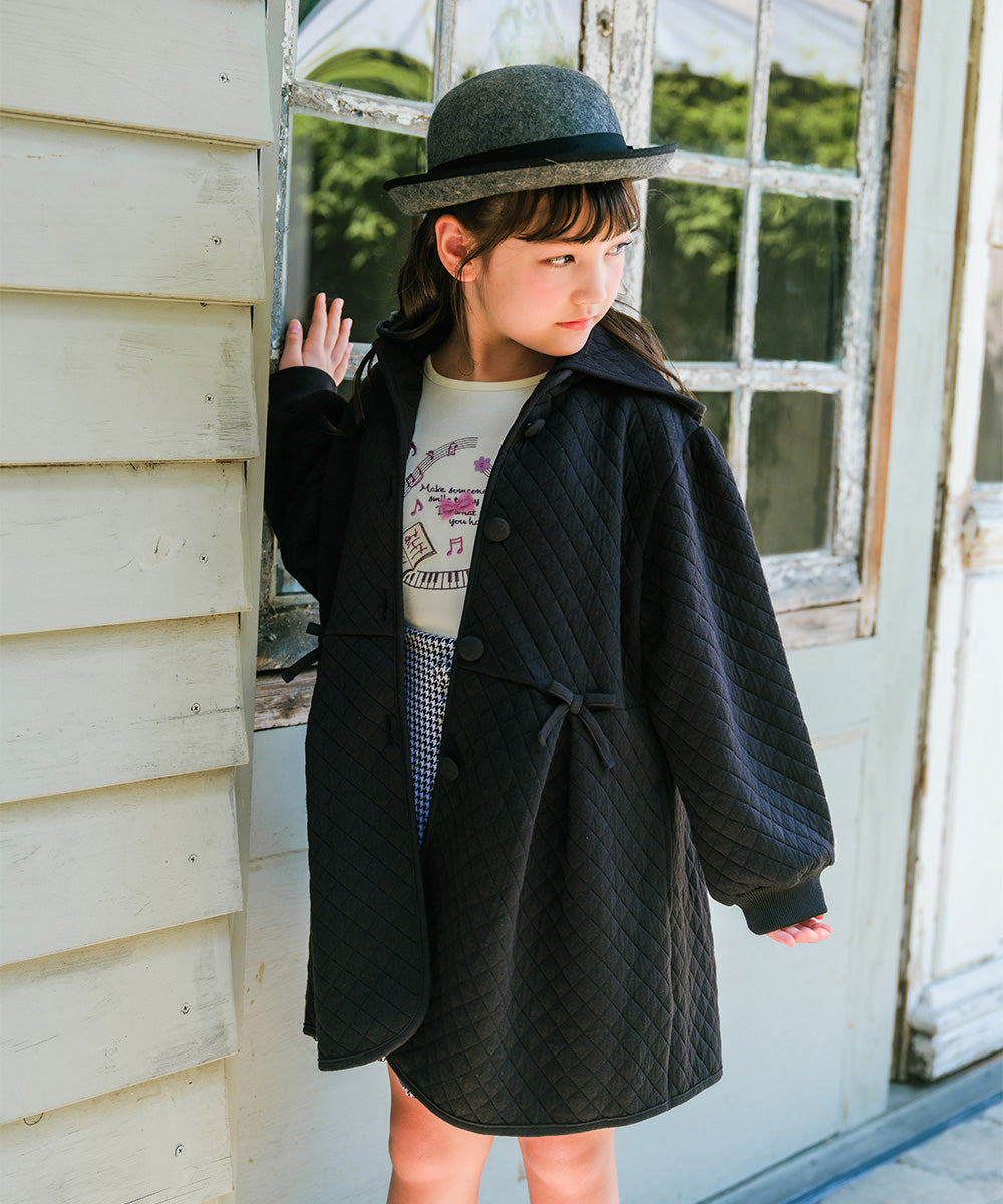 くるみボタン リボン付き フード取り外し可能キルトニットコート