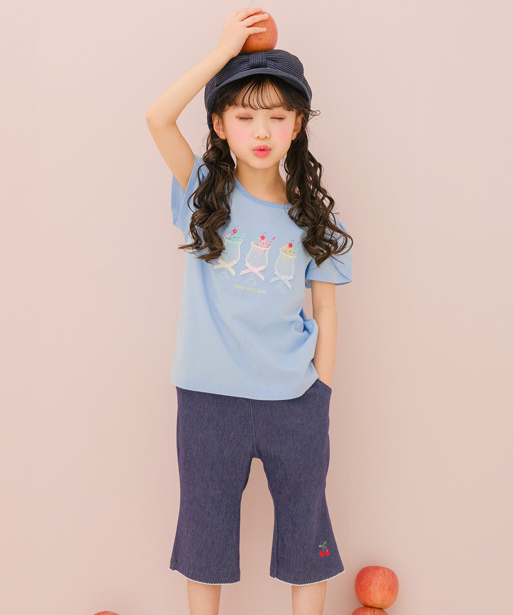 デニムツイルニット チェリー刺繍 ブーツカットパンツ