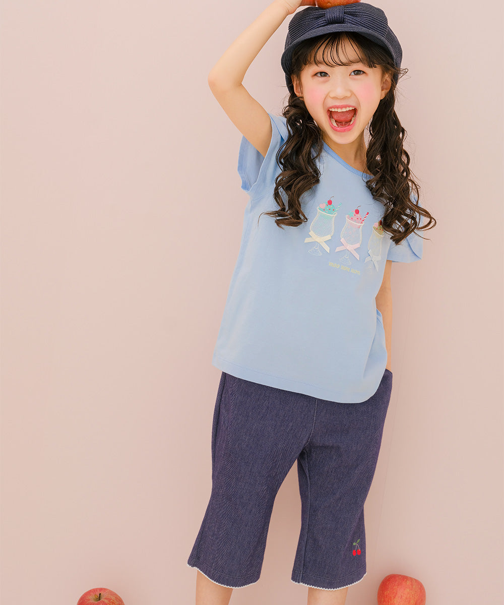 デニムツイルニット チェリー刺繍 ブーツカットパンツ