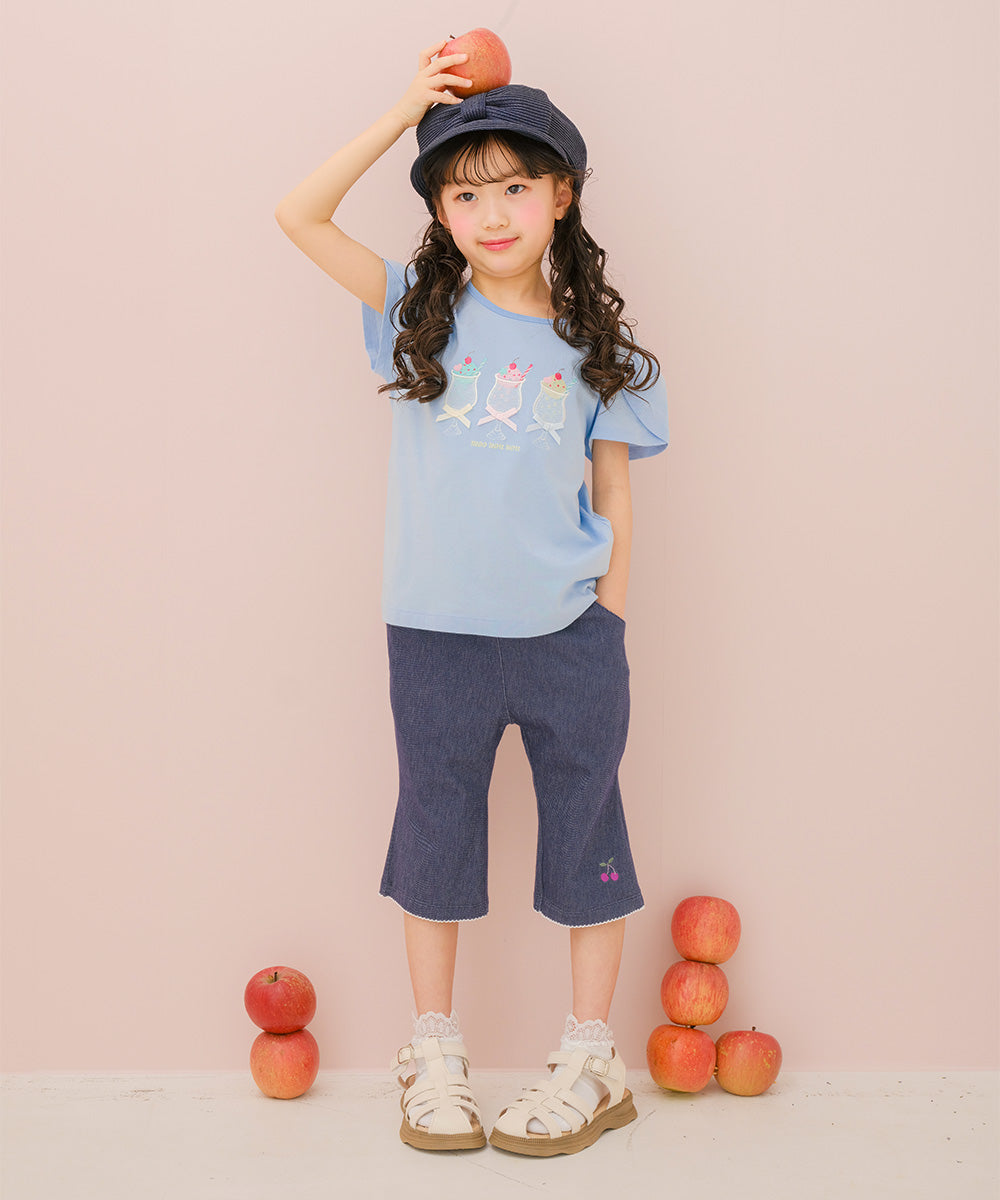 デニムツイルニット チェリー刺繍 ブーツカットパンツ