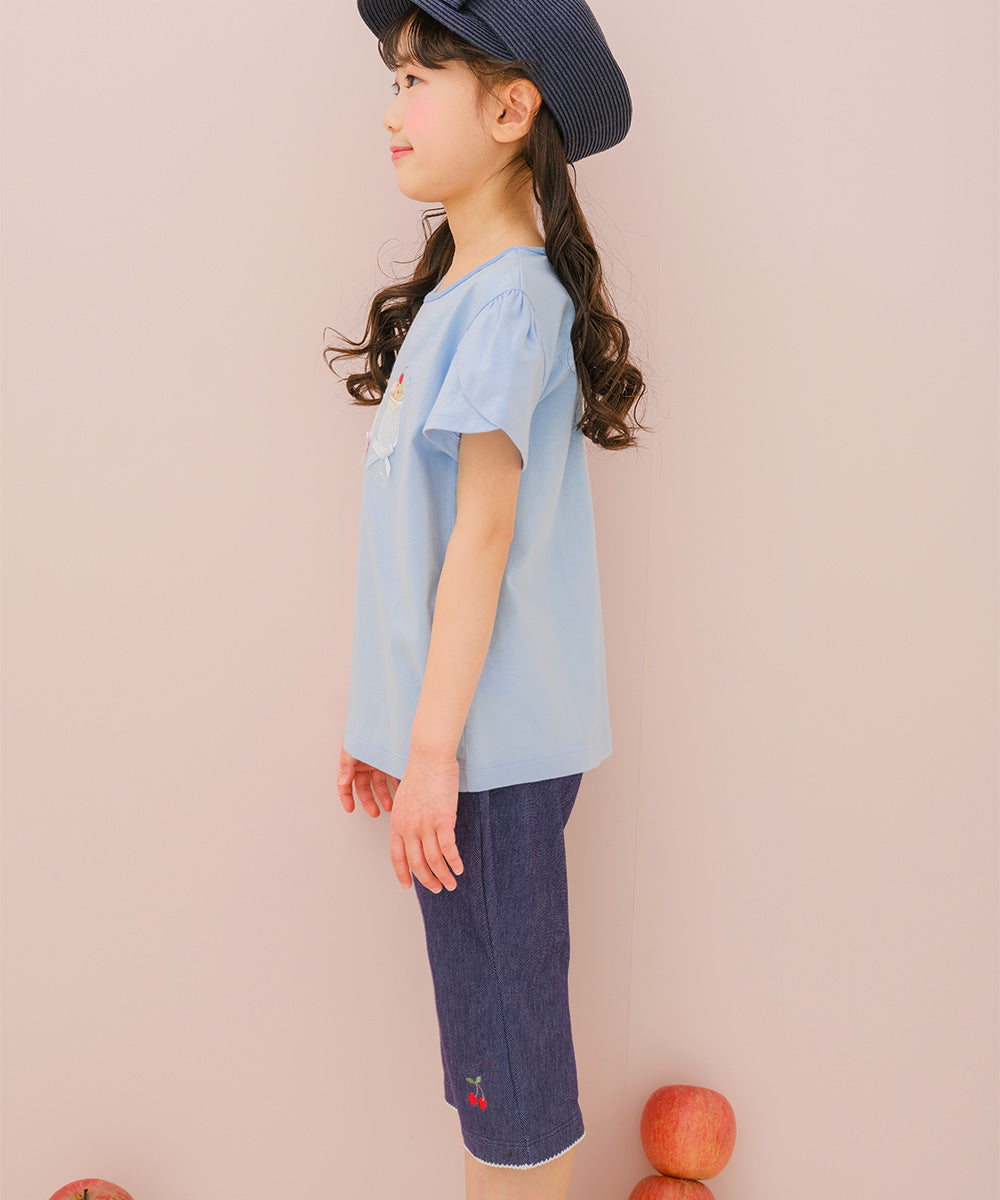 デニムツイルニット チェリー刺繍 ブーツカットパンツ