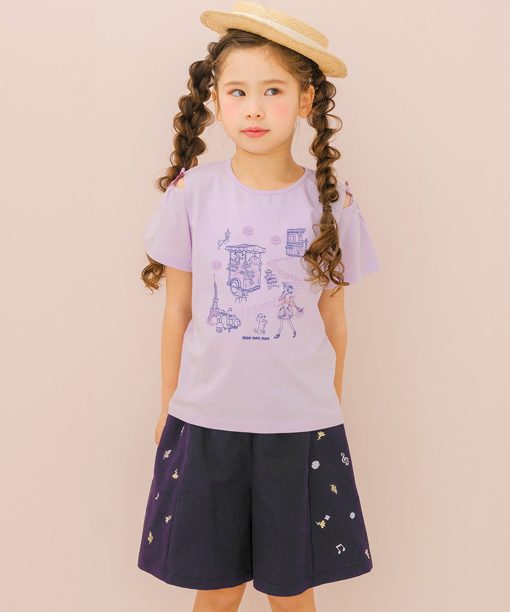 綿100％ 音符＆花刺繍 キュロットパンツ