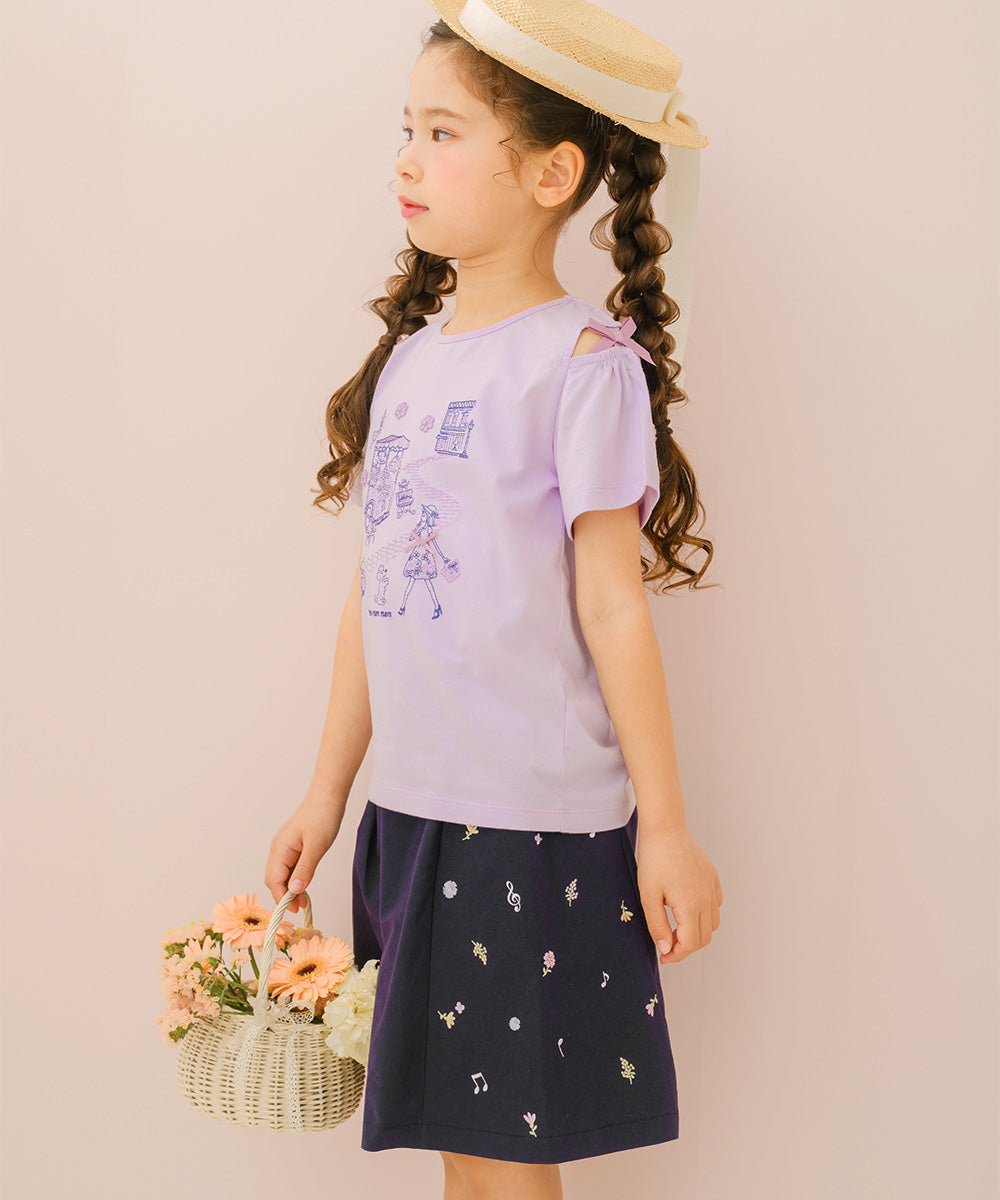 綿100％ 音符＆花刺繍 キュロットパンツ