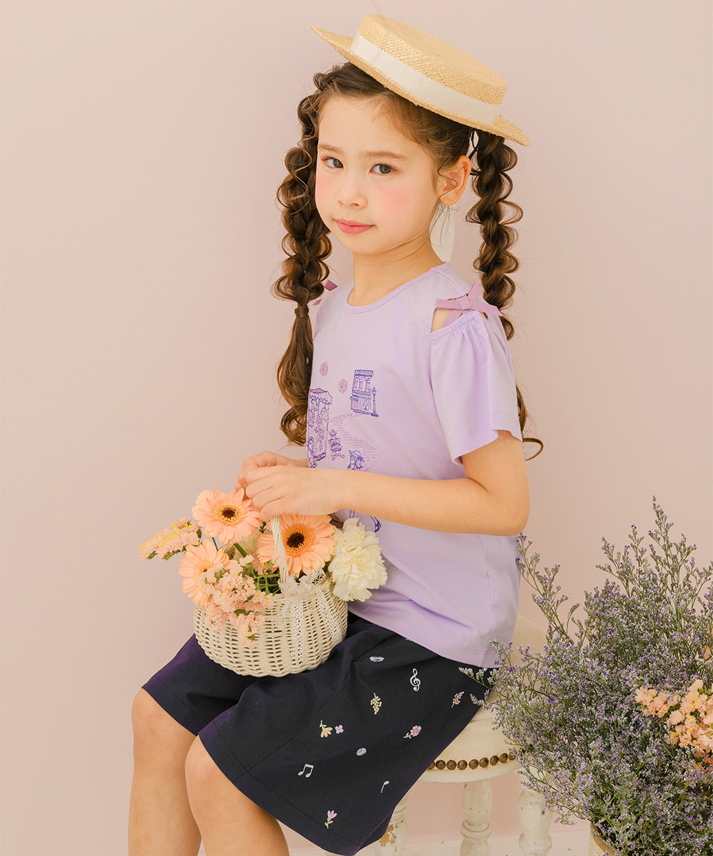 綿100％ 音符＆花刺繍 キュロットパンツ