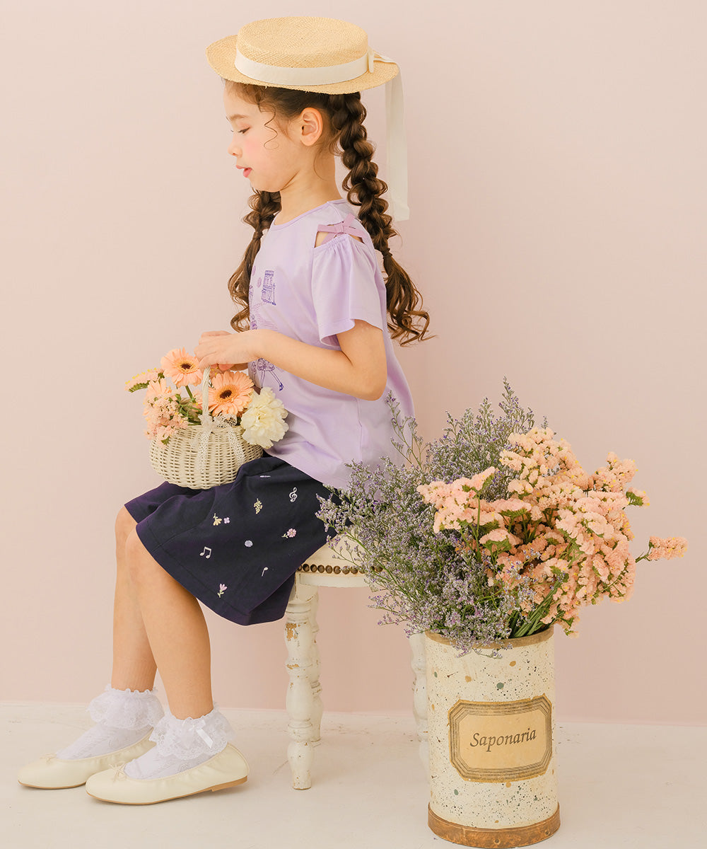 綿100％ 音符＆花刺繍 キュロットパンツ