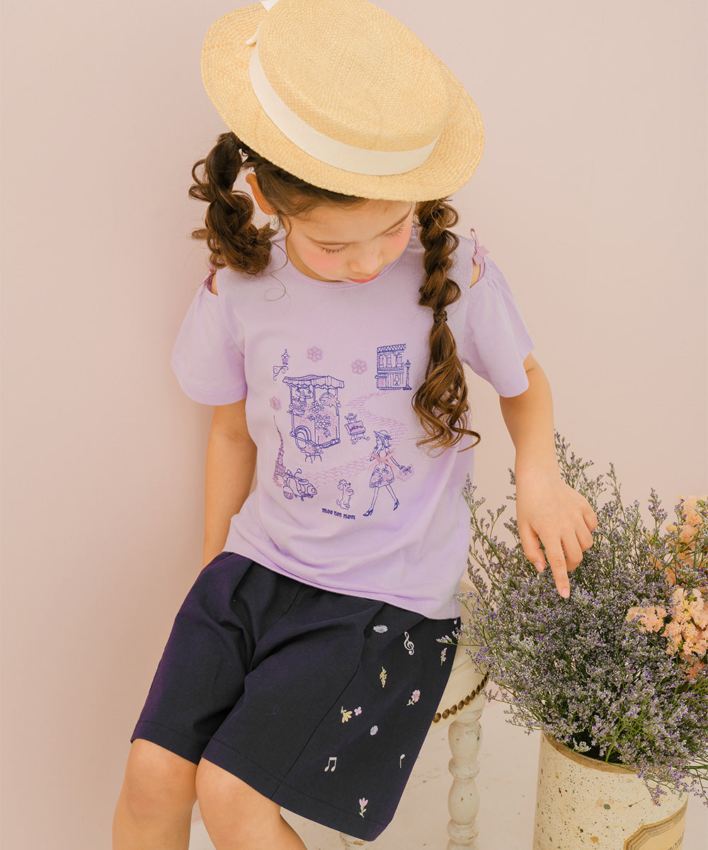 綿100％ 音符＆花刺繍 キュロットパンツ