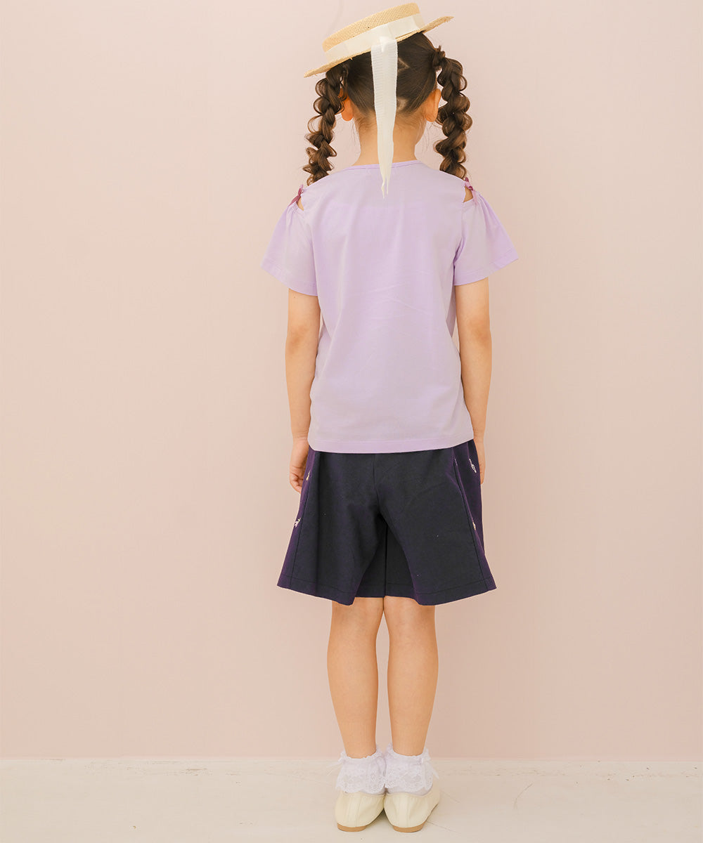 綿100％ 音符＆花刺繍 キュロットパンツ